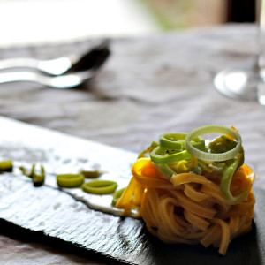 Egg pasta with leek and gorgonzola sauce