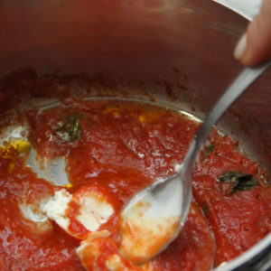 Take a little sauce and melt the strong ricotta in it -